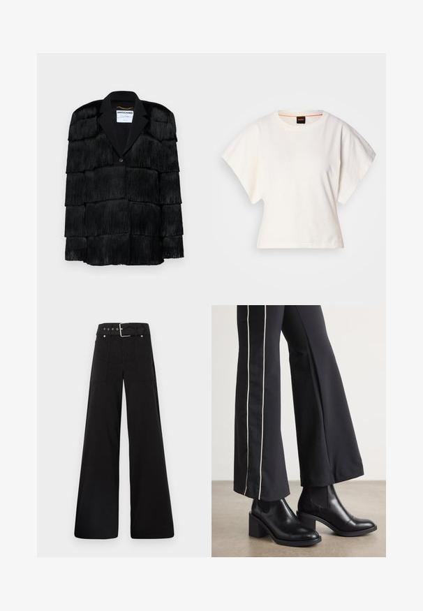 Black jacket featuring layered fringe details, a notched lapel, and a single button closure. Soft texture, structured design.; White cropped T-shirt, short wide sleeves, soft cotton material, round neckline with subtle orange trim, minimal design, no patterns or graphics.; Black wide-leg trousers made from cotton, featuring a high waist, large side pockets, and a belted waist with silver hardware accents.; Black leather ankle boots with a block heel, featuring elastic side panels. Paired with black pants that have a white side stripe.