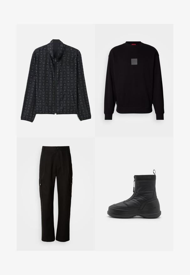 Black jacket featuring a subtle pattern of logos and diamonds. Lightweight fabric, zip closure, high collar, and elasticized cuffs.; Black sweatshirt with long sleeves, round neckline, a front gray square logo, soft texture, and ribbed cuffs and hem.; Black cargo pants made of cotton with a relaxed fit, featuring side pockets, a button closure, and straight legs. Simple design without patterns.; Black waterproof snow boot with a smooth synthetic upper, zip closure, padded collar, and textured rubber sole. Accented with "MOON BOOT" branding.