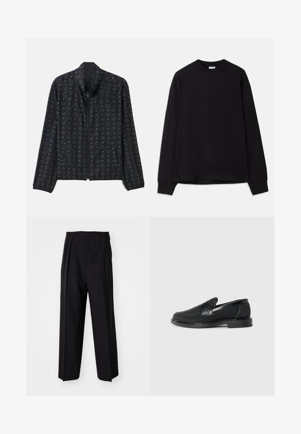 Black jacket featuring a subtle pattern of logos and diamonds. Lightweight fabric, zip closure, high collar, and elasticized cuffs.; Black long-sleeve t-shirt made of soft cotton. Features a round neckline, loose fit, and ribbed cuffs. No visible patterns or logos.; Black pleated trousers with a straight, wide-leg design. Made from smooth fabric, featuring a button closure and belt loops.; Black woven slip-on shoe with a smooth leather accent on the upper, a round toe design, and a low-profile rubber sole.