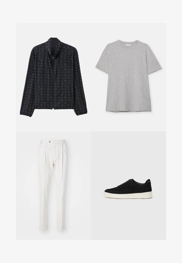 Black jacket featuring a subtle pattern of logos and diamonds. Lightweight fabric, zip closure, high collar, and elasticized cuffs.; Gray short-sleeve T-shirt made from soft, textured fabric. Features a classic crew neck and a straight hem, suitable for casual wear.; White, tailored trousers with a flat front, two pleats, and rolled cuffs. Made of a smooth fabric with a button closure at the waist.; Black suede sneaker with lace-up design and contrasting white rubber sole. Features textured side panels and subtle branding on the heel.