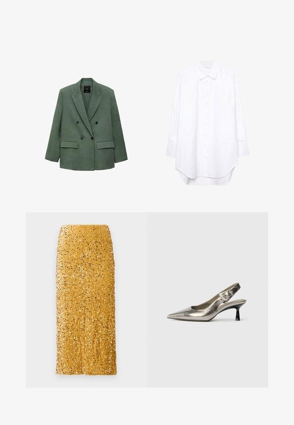 Grön linnemix dubbelt knäppt kavaj med slag, två framfickor och svarta knappar. Strukturerad form och slät textur.; Vit långärmad skjorta med knappar, spetskrage och rundad nederkant, uppvisad mot en enfärgad bakgrund.; Guldig midi kjol täckt av glänsande paljetter med rak skärning och hög midja mot en vit bakgrund.; Metallisk silverfärgad slingback-pumps med spetsig tå, liten svart klack och spänndetalj på remmen. Slät lädertextur.