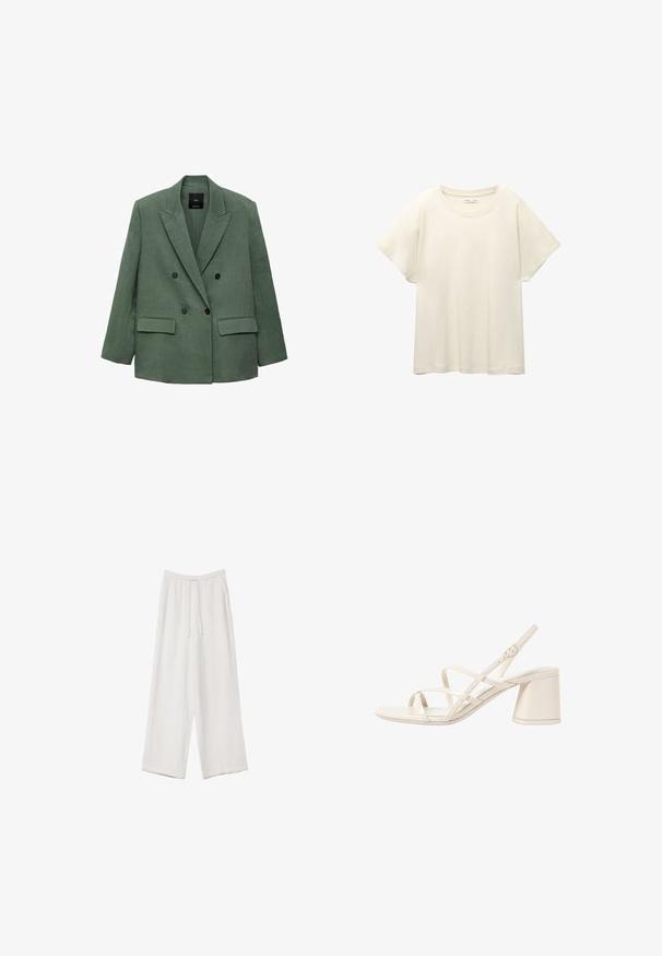 Zelený ľanový blejzer s dvojitým zapínaním a záševkami, dvoma prednými vreckami a čiernymi gombíkmi. Štruktúrovaný strih a hladká textúra.; Svetlo béžové tričko s krátkym rukávom a okrúhlym výstrihom, vyrobené z jemnej, hladkej tkaniny. Má voľný strih a rovný lem.; Biele široké nohavice vyrobené z ľahkej tkaniny. Obsahujú elastický pás so sťahovacou šnúrkou a bočné vrecká. Hladká textúra.; Béžové sandále na podpätku s jemnými, prekrývajúcimi sa remienkami, otvorenou špičkou a štvorcovým blokovým podpätkom. Hladký lesklý povrch, nastaviteľný remienok na členku.