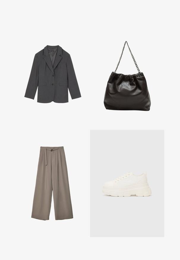 Sivý blejzer s vykrojenými klopami, dvoma prednými vreckami a dvoma gombíkmi. Hladká tkanina s jemným tkaným vzorom, štruktúrovaný strih a dlhé rukávy.; Šedý skrátený sveter z mäkkej tkaniny, s off-shoulder dizajnom, dlhými balónovými rukávmi a rebrovaným lemom.; Široké nohavice v jemnej, tlmenej šedej tkanine, s opaskom v pase a vreckami pre dodatočný dizajnový detail. Hladký povrch, bez vzorov.; Biele plátené tenisky s hrubou podrážkou, zaoblenou špičkou a piatimi očkami na šnúrky. Zadný popruh pre jednoduché obúvanie. Hladká textúra, minimalistický dizajn.; Hnedá kožená taška so zberaným vrchom a reťazovým popruhom. Hladký povrch s lesklým finišom a jemným švom po stranách.