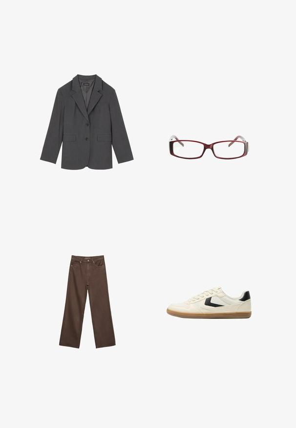 Grå blazer med noterede klapper, to frontlommer og to knapper. Glat stof med et subtilt vævemønster, struktureret pasform og lange ærmer.; Brun ærmeløs top med firkantet udskæring, lavet af blød, strækbar stof. Har et tætsiddende design og flade sømme.; Bredde ben brun denim jeans med høj talje, forlommer og klassisk knaplukning. Glat tekstur med diskret syninger.; Bershka Sneakers - white; Røde rektangulære briller med et sleekt design. Klare linser, let transparente stænger og en gradient-effekt fra rød til grå.