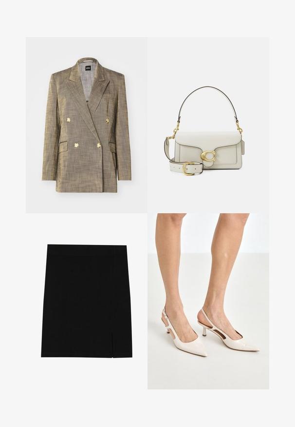 Topelt nööpidega bleiser tekstuurse kuldse kangaga, millel on krae, kaks esist pocketit ja kuldsed riideesemed.; Valge pika varrukaga nööbiga särk, mis on valmistatud puuvillast. Omab klassikalist kraed ja diskreetset brändi tikandit rinnal. Sile tekstuur.; Mustal rihm, mis on valmistatud pehmest kangast, sobiva lõikega, millel on küljes kerge lõhe lisaks detailiks.; Beesek patentnaha slingback kontsad 5 cm kontsaga, millel on terav nina ja lõigatud külgedega ning õhuke pahkluu rihm.; Valge nahast käekott kuldse klambriga, mustade aksentidega, eemaldatava õlarihmaga ja struktureeritud disainiga, millel on klapiga sulgemine.