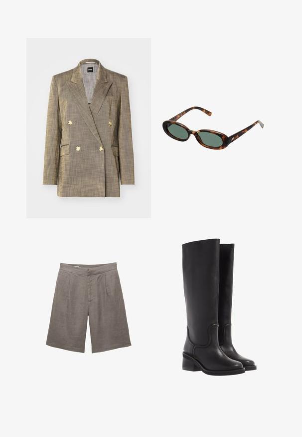 Dobbeltradet blazer i tekstureret guldstof med slagkrave, to forlommer og guldhardwareknapper.; Brun T-shirt med lange ærmer, lavet af blødt, strækbart materiale, med rund halsudskæring og en afslappet pasform, der har en glat tekstur og minimal detaljer.; Grå linnedshorts med en afslappet pasform, der har en flad front, to for-pleater og sidelommer. Glat tekstur uden synlige mønstre.; Sorte læder knæ-høje støvler med en glat tekstur, rund tå og en chunky hæl. Har diskret syninger og et strømlinet design.; Skildpaddemønstrede solbriller med ovale stel og grønne linser. Har tynde arme med en metallisk detalje nær hængslerne.; Tan ruskindtaske med to lange håndtag, rektangulær form og dekorativ syning. Den har en sideløsning og subtile guldfarvede hardware-detaljer.