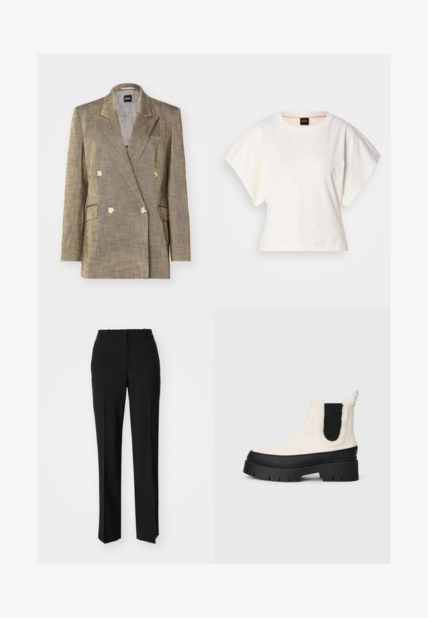 Divkāršs žakets tekstūrētā zelta audumā ar uzlocītu apkakli, divām priekšējām kabatām un zelta aksesuāru pogām.; Balts īsais T-krekls, plašas īsas piedurknes, mīksts kokvilnas materiāls, apaļa kakla izgriezums ar delikātu oranžu apdari, minimāls dizains, bez rakstiem vai grafikām.; Melnas pielāgotas bikses ar taisnu kāju dizainu, kas raksturojas ar gludu faktūru un asiem krokām pa priekšu. Nav redzamu metāla detaļu.; Masīvu platformas potīšu zābaku dizains ar baltu augšdaļu, melnu gumijas zoli un kontrastējošām melnām elastīgām sānu paneļiem. Augšējā mala rotāta ar mākslīgo kažoku.