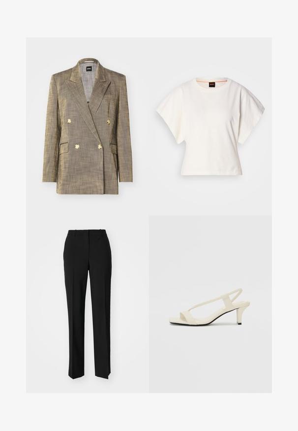 Kaksirivinen puku, jossa on teksturoidusta kultakankaasta valmistettu kaulus, kaksi etutaskua ja kultaiset napit.; Valkoinen lyhythihainen t-paita, leveät lyhyet hihat, pehmeää puuvillamateriaalia, pyöreä pääntie jossa hienovarainen oranssi reunus, minimaalinen muotoilu, ei kuvioita tai graafisia elementtejä.; Mustat räätälöidyt housut suoraa lahjetta, joissa on sileä pinta ja terävät taitteet edessä. Ei näkyvää metalliosaa.; Beige sandaalit, joissa on loiva korko, ohuet hihnat ja neliönmallinen varvasosa. Sileä materiaali, jossa on minimaalista yksityiskohtaa, suunniteltu helppokäyttöiseksi.