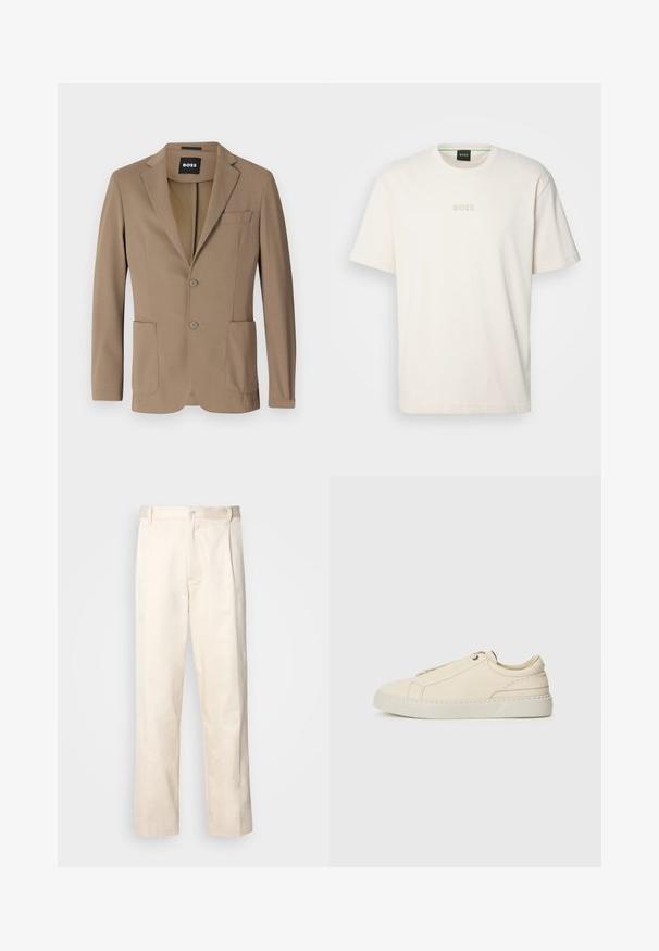 Rjav blazer iz teksturirane tkanine, z dvema sprednjima žepoma, enim žepom na prsih in dvema gumboma za zapiranje. Prilagojena zasnova.; BOSS TEE - Navadna majica - open white; Bež cottone hlače s ravnim krojem, ki imajo gumbasto zapiranje in nabore spredaj za dodatne detajle.; Bež usnjeni športni copat s zaobljenim nosom, minimalistična zasnova, subtilne šivane podrobnosti in teksturirana zgornja stran, na svetlem podplatu.