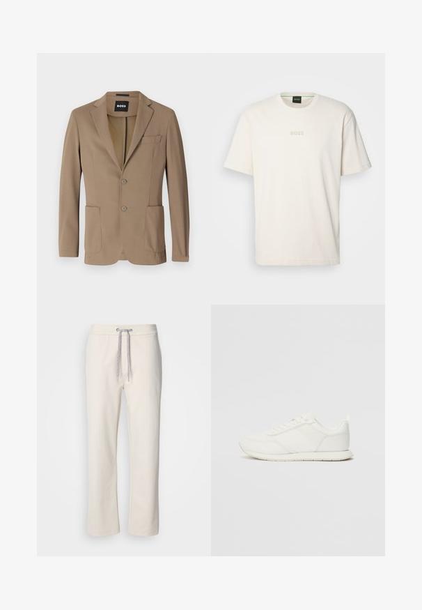 Rjav blazer iz teksturirane tkanine, z dvema sprednjima žepoma, enim žepom na prsih in dvema gumboma za zapiranje. Prilagojena zasnova.; BOSS TEE - Navadna majica - open white; Kremaste ležerne hlače z vrvico v pasu in ravnimi nogavicami, prikazane na beli enotni podlagi.; Bela tenisa z mrežasto in sintetično zgornjo plastjo, okroglo oblikovano prstno območje, ravne vezalke in teksturirana stranska črta. Gumijast podplat z zanko na hrbtni strani.