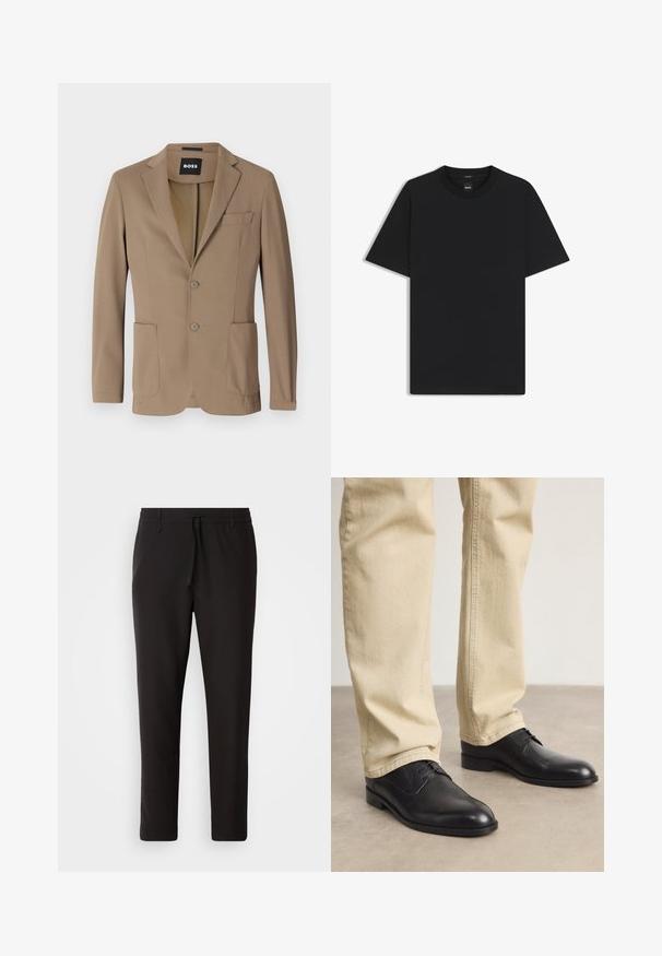 Brązowa marynarka wykonana z fakturowanej tkaniny, z dwoma przednimi kieszeniami, jedną kieszenią na piersiach oraz dwoma zapięciami na guziki. Dopasowany fason.; Czarny t-shirt krótki rękaw wykonany z gładkiej mieszanki bawełny, z okrągłym dekoltem i minimalistycznym designem bez wzorów czy akcentów.; Czarne spodnie dresowe wykonane z gładkiego materiału. Posiadają elastyczny pas ze sznurkiem, zwężane nogawki oraz brak widocznych kieszeni. Prosty design.; Czarne skórzane buty na sznurówki z zaokrąglonym czubkiem, gładkim wykończeniem i subtelnymi detalami szycia, noszone z jasnobeżowymi spodniami.