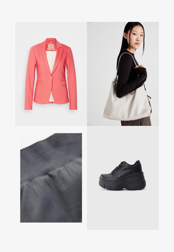Korall színű blézer, testre szabott fazonnal, egysoros gombolással, két elülső zsebbel és puha fehér selyem béléssel. Kicsi logó részlet található a zseben.; Két hosszúujjú póló: az egyik fekete, a másik fehér. Mindkettő kerek nyakú, raglán ujjal és puha pamutkeverék anyaggal készült.; Szürke bordázott anyag sima textúrával, széles rugalmas derékpánttal. Az anyag puha és nyúlik a kényelem érdekében.; Fekete fűzős sportcipők vastag talppal, sima bőrből készült felső résszel, kerek orral és jellegzetes, réteges platform dizájnnal.; Puha anyagból készült bézs kézitáska, laza dizájnnal, varrott részletekkel és két vállpánttal. Mindennapi használatra alkalmas.