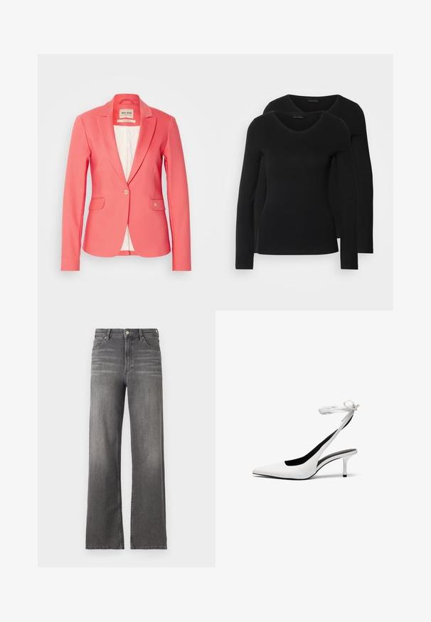 Korallvärvi bleiser, millel on kohandatud lõige, üksik nupp, kaks esikotit ja pehme valge satiinvooder. Voodril on väike logodetail taskul.; Kaks musta pika varrukaga särk, millel on V-kaelus ja mis on valmistatud pehmest ja venivast kangast, millel on sile tekstuur ja sobiv kuju.; Keskpika hallid teksajad laiade jalgadega, kerge kulumisega, klassikalise viie tasku disainiga ja metallist nööbiga kinnitusega. Tavalise hemiga pikkus.; Valged terava ninaga slingback-kandvad kontsad õhukese pahkluustringiga. Sile nahk, õhuke stilettokonts ja must sisekate.