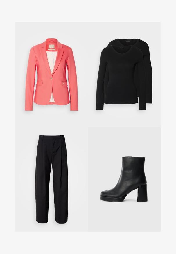 Koral blazer med tilpasset passform, enkel knappelukking, to frontlommer og myk hvit satengfôr. Har liten logo-detalj på lommen.; To svarte langermede skjorter med V-halsdesign, laget av mykt, elastisk stoff, viser jevn tekstur og en tettsittende fasong.; Svarte bukser med avslappet passform, plisserte foran og beltehemper. Glatt stoff og rette ben, med sidelommer.; Sorte skinnankelsko med blokkhæl og plattformsåle, sett fra siden på en enkel hvit bakgrunn.