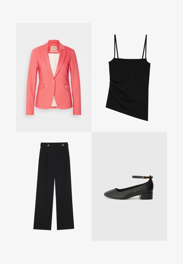 Blazer coral com um corte ajustado, fecho de botão único, dois bolsos frontais e forro de seda branca suave. Apresenta um pequeno detalhe de logotipo no bolso.; Top preto sem mangas com alças finas; apresenta um design drapeado de um lado e uma textura suave; feito de um tecido elástico.; Calças largas pretas com cintura alta, detalhes em botão na cintura e pregas frontais.; Sandal de pele preta com bico pontiagudo e um salto bloco baixo. Apresenta uma tira no tornozelo com uma fivela em tom dourado. Textura suave.