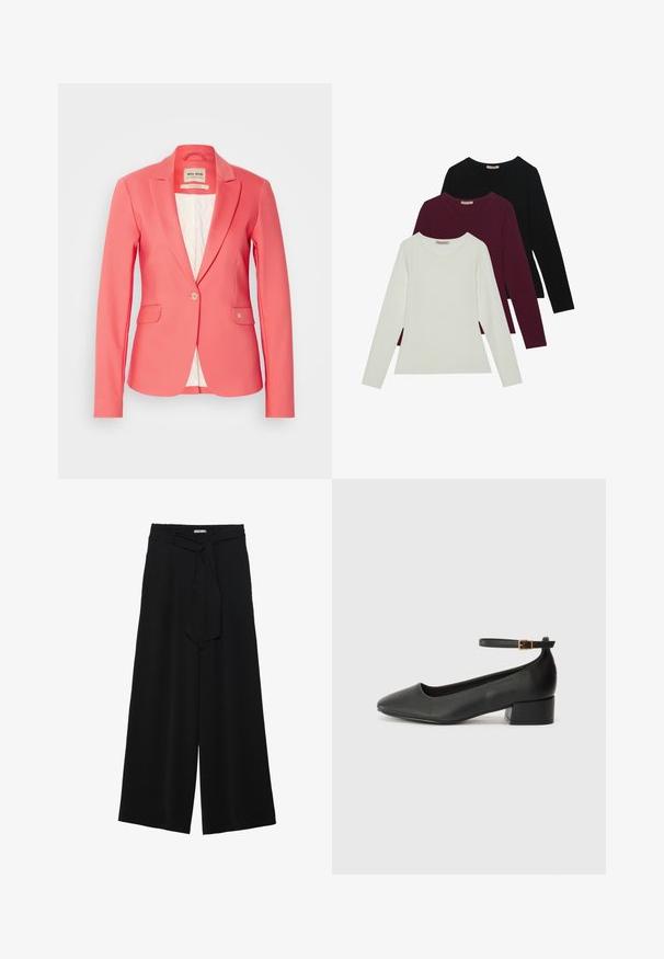 Koralli bleiseri, jossa on muotoiltu leikkaus, yksinkertainen nappisulku, kaksi etutaskua ja pehmeä valkoinen satiinivuori. Sisältää pienen logotarkin taskussa.; Pitkähihaiset t-paidat valkoisena, burgundinpunaisena ja mustana. Valmistettu pehmeästä kankaasta, jossa on pyöreä kaula-aukko ja vartalonmyötäinen muotoilu. Sopii hyvin kerroksittain käytettäväksi.; Mustat leveät housut, joissa on teksturoitu kangas, joustava vyötärö ja irrotettava nauha vyötäröllä säädettävää istuvuutta varten.; Mustat nahkakengät, joissa on terävä kärki ja matala lohkare korko. Varustettu nilkkahihnalla, jossa on kultasävyinen solki. Lisää sileä pinta.