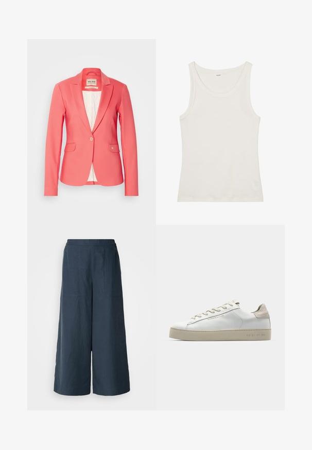 Κοραλλί σακάκι με κομμένα περιγράμματα, κλείσιμο με ένα κουμπί, δύο μπροστινές τσέπες και μαλακή λευκή σατέν επένδυση. Διαθέτει μικρή λεπτομέρεια λογότυπου στην τσέπη.; Λευκό βαμβακερό τοπάκι με φαρδιά λαιμόκοψη και λεπτές τιράντες. Λείος υφασμάτινος υφής χωρίς ορατά μοτίβα ή διακοσμήσεις.; Πλατύ παντελόνι σε ναυτικό μπλε χρώμα, φτιαγμένο από ελαφρύ ύφασμα. Διαθέτει ελαφρώς υφασμένη επιφάνεια, ελαστική μέση και μπροστινές ραφές.; Λευκά δερμάτινα sneakers με λεία επιφάνεια, μπεζ σουέτ λεπτομέρειες, στρογγυλή μύτη, επίπεδη σχέδια δέσιμο και υφασμένη καουτσούκ σόλα.