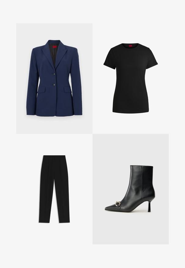 Navy blue blazer made of smooth fabric, featuring a notched collar, two front pockets, and two-button closure with black buttons.; Black cotton t-shirt with short rolled sleeves, a round neckline, and a red label. Smooth texture, fitted shape with minimal detailing.; Black trousers with a straight fit, featuring double pleats, a smooth texture, and a classic waistband design. No visible hardware or accents.; Black leather ankle boot with pointed toe, slim mid-height heel, and silver buckle detail on side against plain background.