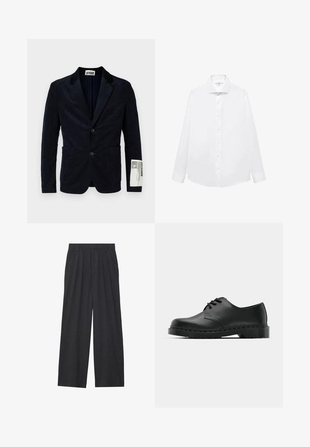 Marineblauwe corduroy blazer met een twee-knopen voorkant, notched lapels, twee vo pockets en een merkteken op de mouw. Gestureerde stof.; Witte lange mouwen overhemd gemaakt van zachte katoen, met een puntige kraag, voorknopsluiting en rechte zoom.; Wijd-uitlopende broeken van donkergrijze stof. Kenmerken zijn plooien bij de taille, een tailor-made ontwerp en een rechte silhouet.; Zwarte leren oxford schoenen met vetersluiting, ronde neus, platte rubberen zool en subtiele stiksel details langs het bovenwerk.