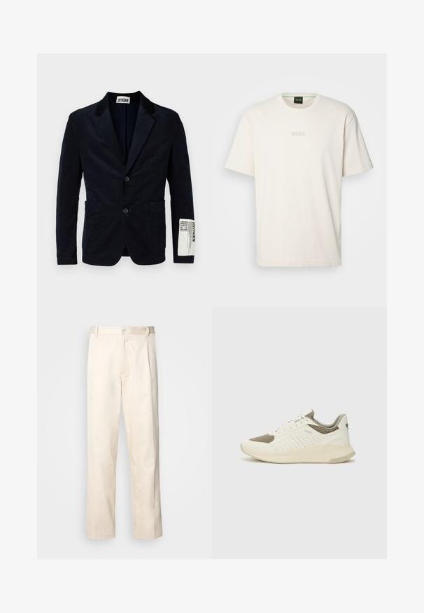 Tummansininen corduroy-takki, jossa on kaksinappinen etuosa, viiltoapuku, kaksi etutaskua ja merkkilappu hihassa. Kankaan pinta on teksturoitu.; BOSS TEE - T-paita - open white; Vaaleanbeige puuvillahousut, joissa on suora lahje, varustettu nappisulkeisella ja etupuolella olevilla laskoksilla lisäyksinä.; Valkoinen ja vaaleanbeige urheilukengät, joissa on verkkomateriaali yläosa, rei'itettyjä yksityiskohtia ja teksturoitu välipohja, jossa on brändäys kantapäässä.