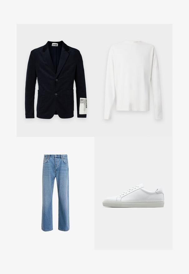 Jūras spēku krāsas korduroja žakete ar divām pogām priekšpusē, izgrieztajām atloks, divām priekšējām kabatām un zīmola etiķeti uz piedurknes. Tekstūrēts audums.; Garums piedurkņu baltā kokvilnas krekls ar apaļu dekoltē, sānu šķēlumiem apakšā un gludu tekstūru, redzams no aizmugures.; Gai zilas džinsu bikses ar taisnām kājām, piecām kabatām, pogu aizvēršanu, minimālu izbalēšanu un kontrastējošiem šuvju elementiem.; Baltie sporta apavi ar gludu ādas virsu un zemu profilu. Iezīmējas ar noapaļotu purngalu, sešām acīm un teksturētu gumijas zoli.