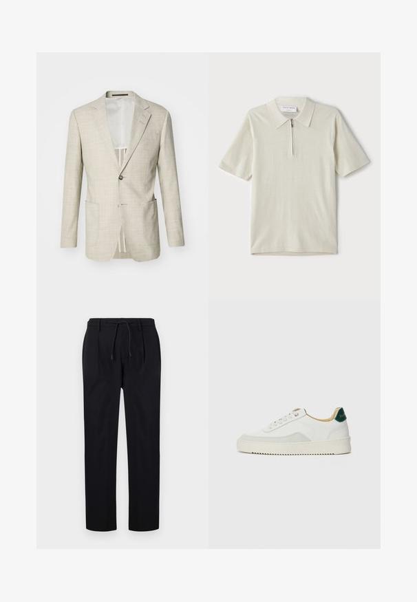Blazer ajusté beige clair en tissu texturé, avec deux poches avant, un revers, une fermeture à un bouton et un col cranté.; Polo à manches courtes en beige clair avec un col zippé. Fabriqué en tissu lisse, il présente un design simple et moderne sans motifs.; Pantalons noirs en tissu lisse, avec une taille à cordon, des jambes droites et des plis avant pour un look structuré.; Baskets blanches avec des accents en daim, bout arrondi, lacets plats et semelle en caoutchouc crème. Présente une marque verte sur le talon.