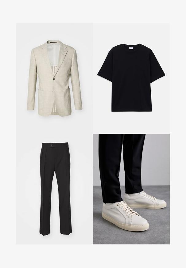 Helebeež värviga kohandatud pintsak tekstureeritud kangast, millel on kaks esipocketit, krae, ühe nupuga sulgemine ja sakiline kaelus.; Must t-särk, lühikeste varrukatega, üle mõõdu, ümmarguse kaelusega ja nähtava Filippa K brändi sildiga kaelas.; Mustad vooderdatud püksid, millel on sirge sääre disain, kaks esikotti ja topelt-nööbikinnitus vööosas. Sile kangatekstuur.; Kergedbežsest nahkkingad lamepaeltega, reljeefse pinnaga ja kontrastse kreemivärvi kummitallaga, kombineeritud mustade kitsaste pükstega.
