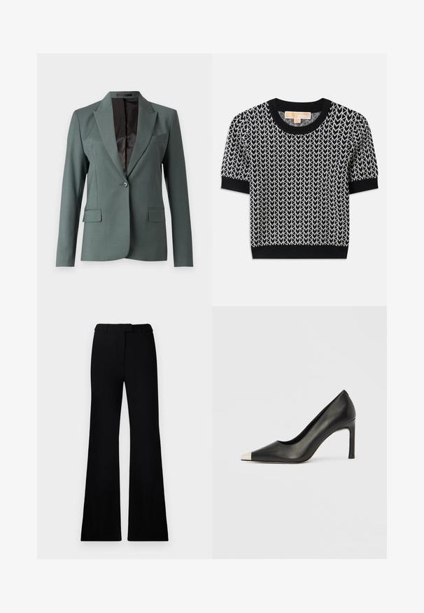 Mørkegrønn blazer med en strukturert design, med krage, enkelt knappelukking og to frontlommer. Innvendig har den glatt svart fôr.; Svart kortermet genser med et vevd pilmønster i hvitt. Ribbede kanter på hals og ermer, med en tettsittende fasong og myk tekstur.; Sorte vide bukser med jevn tekstur, skreddersydd linning og frontlommer, designet med en slank, moderne silhuett.; Svart lærsko med høye hæler, spiss tå og metallisk sølvhette. Har en glatt finish og en slank hæl på 10 cm.
