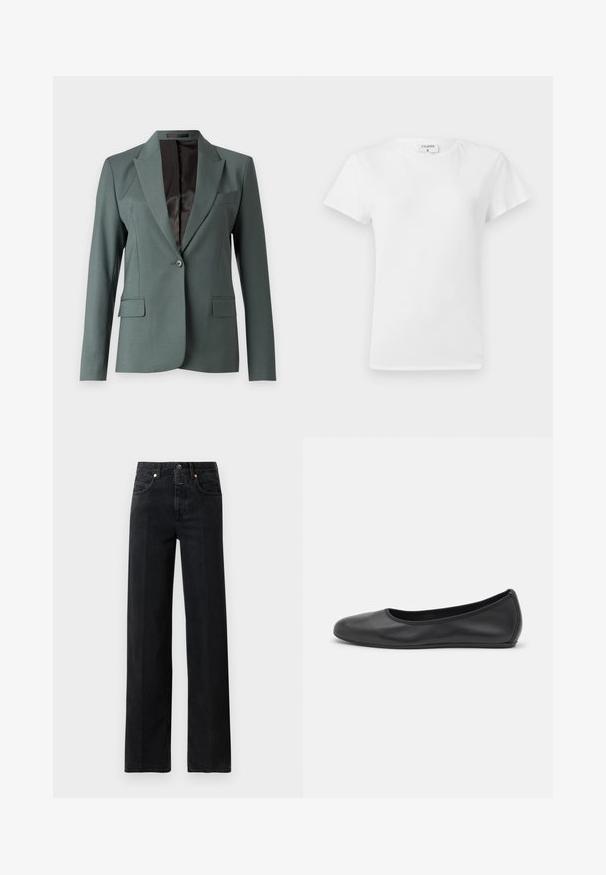 Ciemnozielona marynarka o usztywnionej konstrukcji, z klapami w kształcie notcha, jednoprzewlekowym zapięciem na guzik i dwiema przednimi kieszeniami. Wnętrze wykończone elegancką czarną podszewką.; Biała bawełniana koszulka z okrągłym dekoltem i krótkim rękawem, o luźnym kroju i minimalistycznym designie. Metka widoczna na szyi.; Czarne dżinsy o prostym kroju. Posiadają pięć kieszeni, zapięcie na guzik oraz minimalne detale szwów. Klasyczny design.; Czarne skórzane baletki z zaokrąglonym noskiem, gładką fakturą, minimalnymi przeszyciami i elastycznym designem podeszwy.