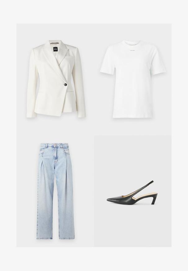 BOSS Blazer - open white; T-shirt en coton blanc avec un col rond, des manches courtes et un petit logo noir "Calvin Klein" sur la poitrine. Design simple, sans motifs.; Jeans en denim bleu clair avec taille haute, coupe large, deux poches latérales et design plissé. Texture douce avec une finition décolorée.; Slingback noir à bout pointu avec un petit talon, en cuir lisse et doté d'un design découpé sur le côté pour plus de respirabilité.