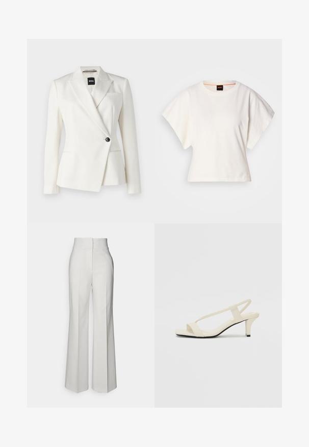 BOSS Blazer - open white; White cropped T-shirt, short wide sleeves, soft cotton material, round neckline with subtle orange trim, minimal design, no patterns or graphics.; Wide-leg white trousers with a high waist, made from smooth fabric, featuring pressing details on the front and clean-cut lines.; Beige block-heeled sandals with thin straps and a square toe. Smooth material with minimal detailing, designed for easy wear.
