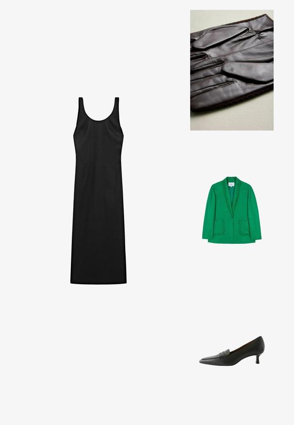 Grüner Blazer mit gewelltem Ausschnitt, zwei vorderen Taschen und einem einzigen Knopfverschluss. Hergestellt aus strukturiertem Stoff, taillierte Passform.; Schwarzes ärmelloses Kleid mit taillierter Passform, aus glattem Stoff hergestellt. Es hat einen runden Ausschnitt und reicht bis zur Mitte der Waden.; Schwarzer Lederschuh mit Absatz, spitz zulaufend und dekorativem Riemen. Er verfügt über einen niedrigen Stilettoabsatz und eine glatte Oberfläche.; Schwarze Leder-Tote mit zwei langen Griffen, einer strukturierten Form, glatter Textur und minimalistischem Design. Keine sichtbaren Beschläge oder Akzente.; Braune Lederhandschuhe mit glatter Textur, fünf Fingern, elastischem Handgelenk und dekorativer Naht entlang der Kante.