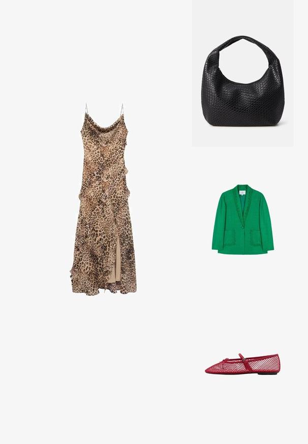 Vihreä bleiseri, jossa on aaltoileva kaulus, kaksi etutaskua ja yksi nappisulku. Valmistettu teksturoidusta kankaasta, muotoiltu istuvuus.; Mekko, jossa on leopardikuvio ja draped-suunnittelu, jossa on röyhelöitä reunoilla ja reiteen asti ulottuva halkio. Valmistettu kevyestä kankaasta, jossa on spagettiolkaimet.; Punaiset verkkomateriaalista valmistetut balettikengät, joissa on teräväkärkinen muotoilu ja ohut nauha sekä solkiyksityiskohta. Yläsovitus on avoin, pesäkynttäkuvioitu.; Mustakankainen kudottu käsilaukku, jolla on pyöreä muoto, yksinkertainen kahva ja vetoketjukiinnitys. Valmistettu teksturoidusta materiaalista, jossa on monimutkainen kuvio.