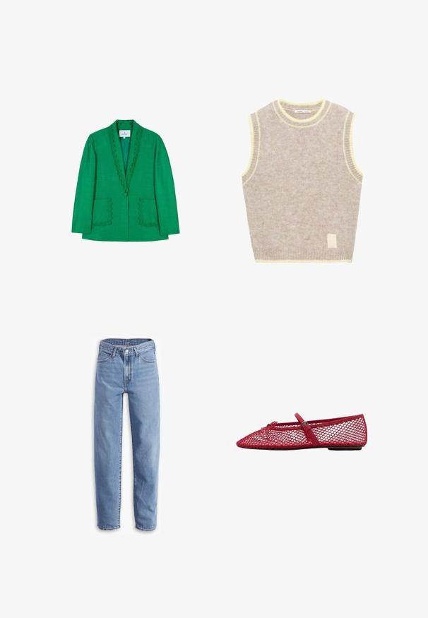 Zelený blazer s jemně scalloped výstřihem, dvěma předními kapsami a jediným knoflíkovým zapínáním. Vyrobeno z texturované tkaniny, s přizpůsobeným střihem.; Beige bezrukávový pletený svetr se žlutým lemem na výstřihu a průramech, s malým čtvercovým znakem na přední straně.; Světle modré džíny vyrobené z denimu, s uvolněným střihem, rovnými nohavicemi, pěti kapsami a roztrhanými lemy pro neformální vzhled.; Červené síťované baletní lodičky s špičatou špičkou, které mají tenký pásek a detaily s přezkou. Vrchní část má otevřený vzor včelí plástve.