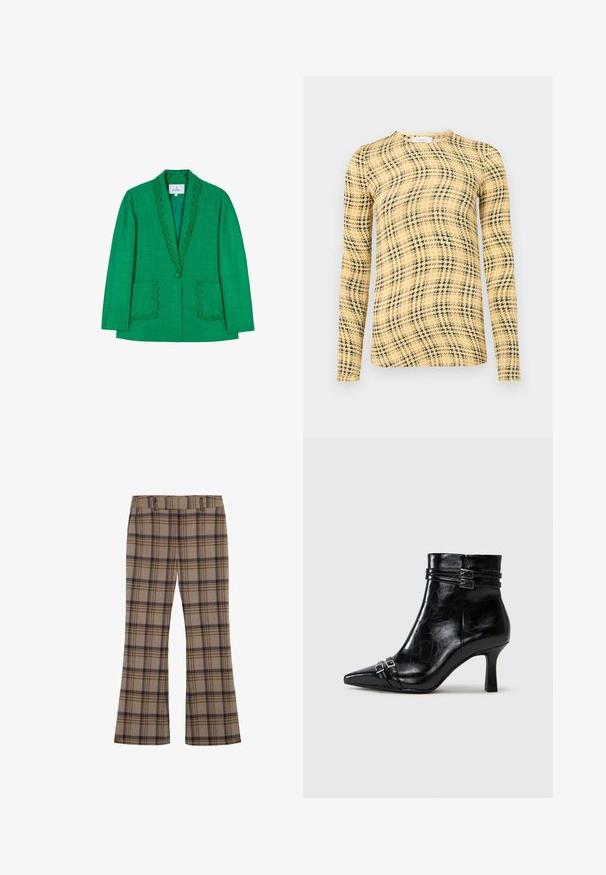 Grüner Blazer mit gewelltem Ausschnitt, zwei vorderen Taschen und einem einzigen Knopfverschluss. Hergestellt aus strukturiertem Stoff, taillierte Passform.; Rabanne Langarmshirt - green/yellow/cream; Karierte Hose aus Stoff, mit einem hellbraunen Grundton und dunkelblaubraunen Karos, ausgestellte Beine und einem elastischen Bund.; Tamaris Keilstiefelette - black