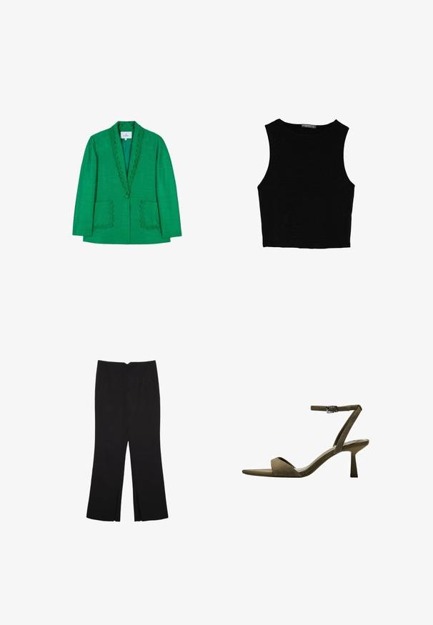 Groene blazer met een golvende halslijn, twee voorzakken en een enkele knoopsluiting. Gemaakt van een gestructureerde stof, met een getailleerde pasvorm.; Zwarte mouwloze crop top van soepel materiaal, met een ronde hals en een schone, eenvoudige uitstraling zonder patronen of hardware.; Zwarte broek met een rechte pasvorm, voorzien van zijzakken en plooien aan de onderzijde. Gemaakt van zachte, gladde stof. Geschikt voor verschillende gelegenheden.; Bershka WITH ANKLE STRAP - Sandalen - mottled green
