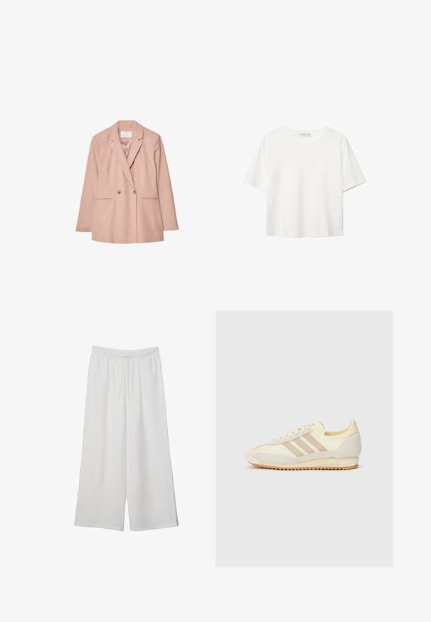 Lyserød dobbeltbrystet blazer med slidser, to for- lommer og to knapper. Glat stof med en skræddersyet pasform.; Hvid kortærmet t-shirt lavet af bomuld. Har en rund halsudskæring og en afslappet pasform. Glat tekstur uden synlige mønstre eller detaljer.; Hvide vidde bukser lavet af letvægtsstof, med en elastisk talje og snøre for justerbar pasform. Glat tekstur.; Creme atletisk sneakers med tre beige striber, lavet af ruskind og tekstilmaterialer, en struktureret sål og prægede mærker på hælen.