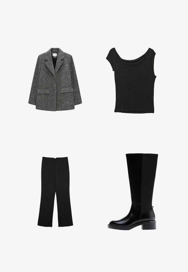 Valkoinen ja musta herringbone-kuvioinen bleiseri, jossa on mallikohtaiset kaulukset, yksittäinen nappikiinnitys ja kaksi etutaskua.; Musta lyhythihainen paita, joka on valmistettu sileästä kankaasta; siinä on laskeutuva kaula-aukko ja epäsymmetrinen helma, sekä istuva malli.; Mustat housut suoralinjaisella leikkauksella, joissa on etutaskut ja sivurei'ät helman alla. Valmistettu pehmeästä ja sileästä kankaasta. Sopii eri tilaisuuksiin.; Knee-high mustat nahkasaappaat kiiltävällä pinnalla, neliönmuotoinen kärki, tukevat korot ja sivusaumadetail. Takana vetonauha.