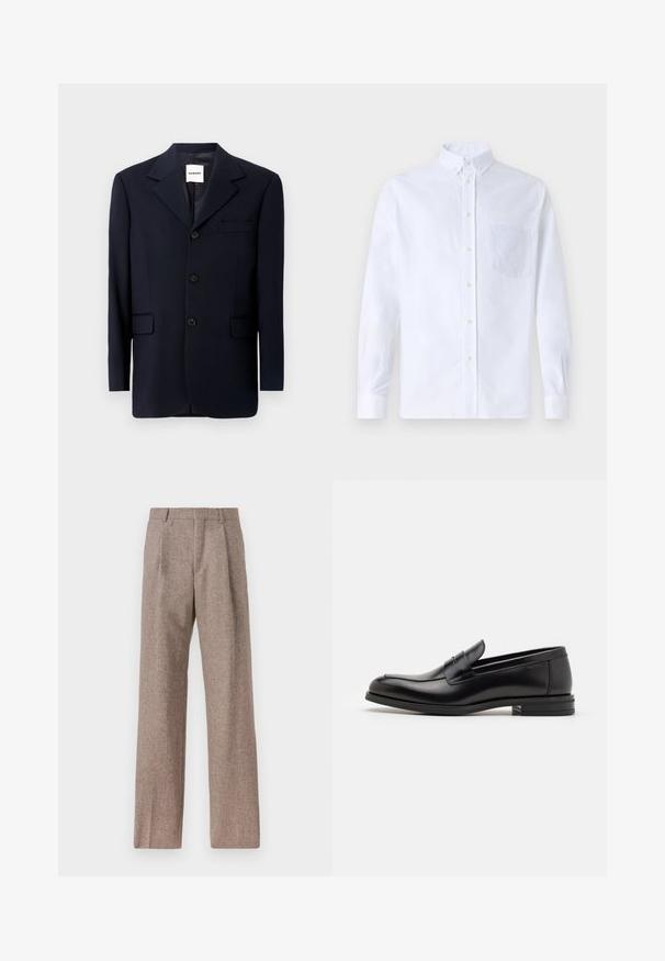Granatowy żakiet wykonany z gładkiego materiału, z wykładanym kołnierzem, z przodem na trzy guziki i kieszeniami bocznymi. Minimalistyczny design z finezyjnym przeszyciem.; Biała koszula z długim rękawem na guziki, wykonana z bawełny, z kieszonką na piersi z tonowym haftem, kołnierzykiem i zapięciem na guziki przy mankietach.; Brązowe, wysokiej talii spodnie wykonane z teksturowanej tkaniny. Posiadają szerokie nogawki i dwa przednie zakładki dla lepszej struktury. Starannie wykończone, bez widocznych elementów metalowych.; Czarne skórzane mokasyny o gładkiej fakturze, zaokrąglonym nosku i dekoracyjnym pasku na przodzie. Niski, warstwowy obcas, minimalistyczny design.
