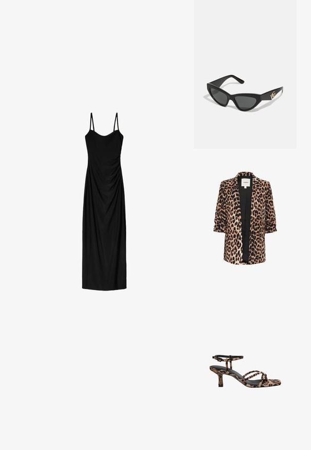 Leopardprint blazer met driekwartmouwen, open voorkant, zwarte voering en twee zijzakken. Gemaakt van een zachte, gewatteerde stof.; Zwart midi-jurk met dunne verstelbare bandjes, voorzien van een gedrapeerd ontwerp en een gladde textuur. Geen zichtbare patronen of versieringen.; Luipaardprint hakken met een vierkante neus, meerdere bandjes en een middelhoge hak. Gemaakt van zacht textielmateriaal.; Cat-eye zonnebrillen met een matte zwart plastic frame, donkere lenzen en een gouden logo-accent op de poot. Hoekig ontwerp en een soepele textuur.; Bruin leren schoudertas met logo-patroon, gouden kettingband, ritsluiting en gouden hardwareaccenten. Compacte en rechthoekige vorm.