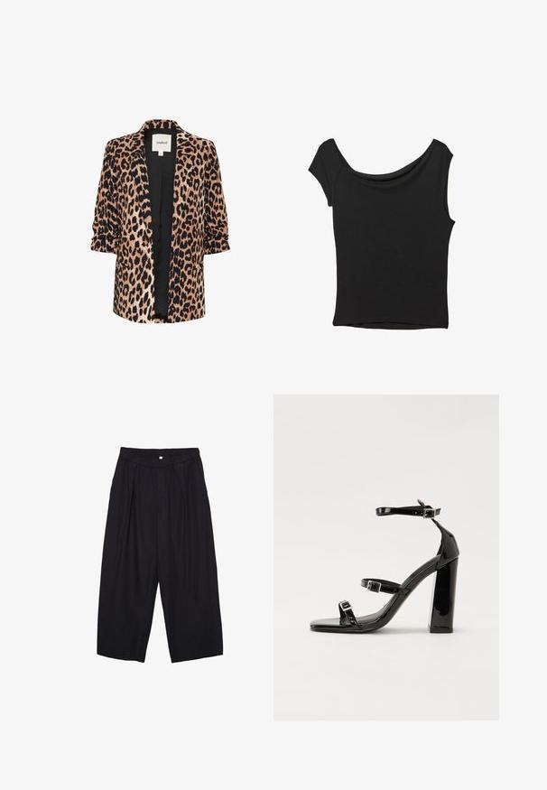 Leopardenmuster-Blazer mit Dreiviertelärmeln, offenem Vorderteil, schwarzer Fütterung und zwei Seitentaschen. Hergestellt aus einem weichen, strukturierten Stoff.; Schwarzes Kurzarmoberteil aus glattem Stoff; hat einen drapierten Ausschnitt und einen asymmetrischen Saum, mit einem figurbetonten Körper.; Schwarze Polyester-Culotte mit einem elastischen Bund, zwei vorderen Falten und einer lockeren Silhouette. Keine sichtbaren Muster oder Hardware-Details.; Schwarze patentierte Sandalen mit Absatz, quadratischer Spitze, Knöchelriemen und silbernen Schnallen. Mit einem stabilen Blockabsatz für mehr Stabilität.