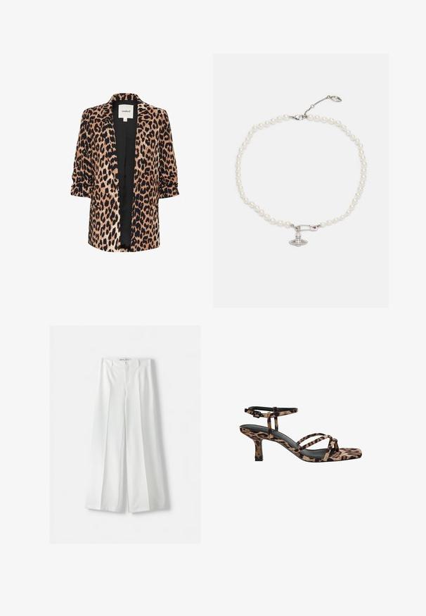 Leopard-print blazer with three-quarter sleeves, open front, black lining, and two side pockets. Made from a soft, textured fabric.; Two seamless tube scarves: one black and one white. Both are made of soft, stretchy fabric and feature a smooth texture without patterns.; Bershka WIDE-LEG TAILORED - Trousers - white; Leopard print heeled sandals with a square toe, multiple straps, and a mid-height heel. Crafted from soft textile material.; Pearl necklace with glossy white beads, featuring a silver-tone safety pin charm adorned with clear rhinestones. Lobster clasp closure.