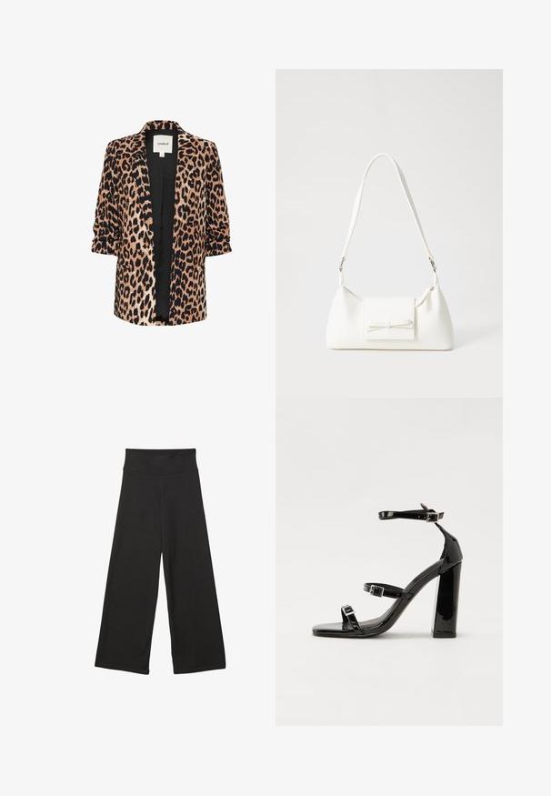 Marynarka w cętki z trzema ćwierć rękawami, otwartym przodem, czarną podszewką i dwoma bocznymi kieszeniami. Wykonana z miękkiego, teksturowanego materiału.; Biała koszulka wykonana z miękkiej, lekkiej tkaniny. Posiada okrągły dekolt oraz krótkie, szerokie rękawy, zapewniające luźny krój. Brak widocznych wzorów.; Czarne spodnie szerokie z nogawkami, wyposażone w wysoki elastyczny pas, wykonane z miękkiego materiału i luźnym kroju, idealne do codziennego noszenia lub w luźniejszych okolicznościach.; Czarne lakierowane sandały na obcasie z kwadratowym noskiem, z paskami wokół kostki i srebrnymi klamrami. Posiadają masywny słupek dla stabilności.; Biała syntetyczna torba o trójkątnym kształcie, płaskim przednim klapce i detalach w postaci kokardy, regulowanym pasku, gładkiej fakturze oraz minimalistycznym designie.