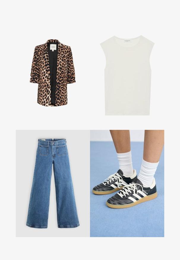 Leopardų rašto švarkas su trimis ketvirtadaliais rankovėmis, atviru priekiu, juodu pamušalu ir dviem šoninėmis kišenėmis. Pagamintas iš minkštos, tekstūruotos medžiagos.; Balta be rankovių palaidinė su apvaliu kaklu. Pagaminta iš lygios medžiagos, ji turi laisvą siluetą ir minimalistinį dizainą. Be raštų ar akcentų.; Mėlyni aukštu juosmeniu, plačių kojų džinsai su priekinėmis kišenėmis, diržo kilpos, mygtukų uždarymu ir užtrauktuku ant vientiso fono.; Juodos odinės sportbačiai su baltais dryžiais, apvalia nosimi, baltais raišteliais ir guminiu padu. Pabrėžti paminkštinta apykakle ir prekių ženklų detalėmis.