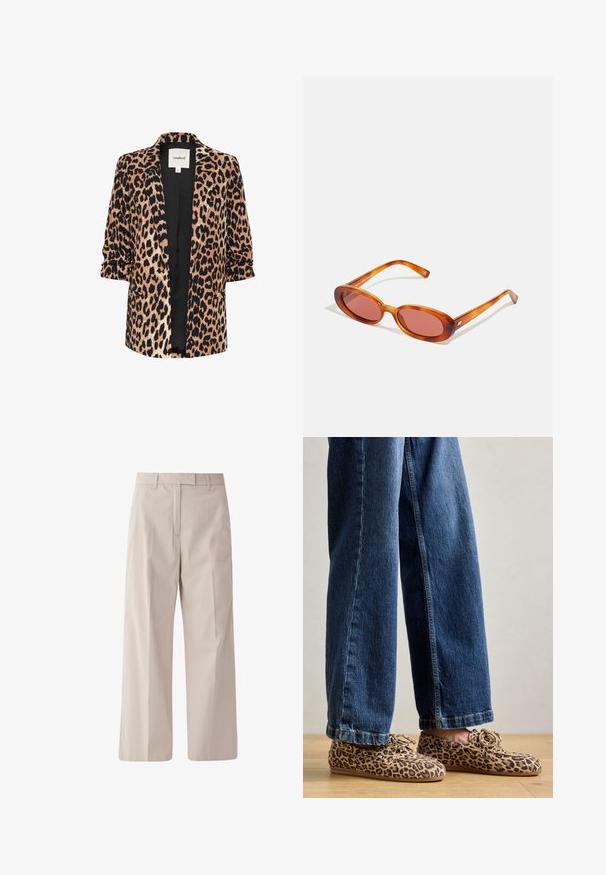 Leopardprint blazer met driekwartmouwen, open voorkant, zwarte voering en twee zijzakken. Gemaakt van een zachte, gewatteerde stof.; Zwart lang mouwen top gemaakt van ribbelstof, met een ronde hals en een klein rood Diesel-logo geborduurd op de borst.; s.Oliver BLACK LABEL Broek - helles beige; Luipaardprint loafers van suede, met een ronde neus, vetersluiting en platte, flexibele zolen, gecombineerd met blauwe jeans.; Ovale zonnebrillen met transparante oranje monturen en getinte lenzen. Slank ontwerp met dunne steunen met subtiele merkdetails.; Zwarte leren schoudertas met een flap sluiting, gouden hardware accenten, verstelbare schouderriem en gestructureerd oppervlak. Compakte rechthoekige vorm.