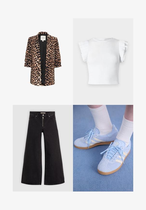 Lāču raksta žakete ar trīs ceturtdaļu piedurknēm, atvērtu priekšu, melnu odere un divām sānu kabatām. Izgatavota no mīksta, teksturēta auduma.; Balts ribots tops ar īsām, viļņotām piedurknēm un apaļu dekoltē. Gluda tekstūra, pieguļošs dizains, un nav redzamu rakstu vai detaļu.; Platas kājas džinsi melnā džinsa audumā ar rāvējslēdzēju priekšā, piecu kabatu dizains un smalkas šuvju detaļas. Gluda tekstūra un ikdienišķs stils.; Gaiši zila zamšādas sporta apavi ar baltām svītrām, plakaniem šņorēm un gumijas zoli. Virs potītes ir uzvilktas ribotas baltas zeķes.