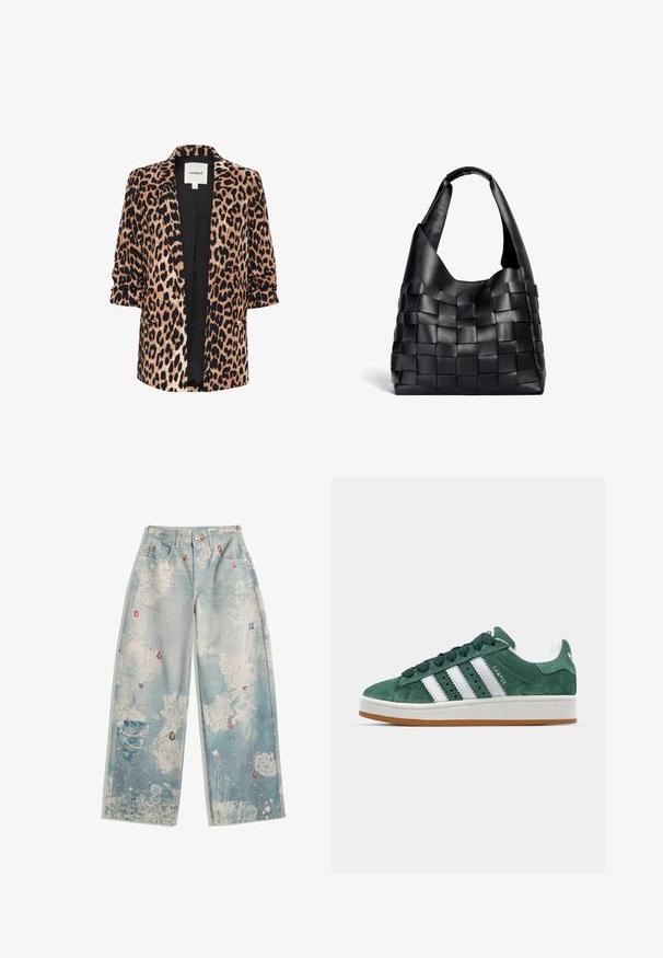 Blazer à imprimé léopard avec des manches trois-quarts, devant ouvert, doublure noire et deux poches latérales. Fabriqué dans un tissu doux et texturé.; Débardeur noir à côtes avec un col haut et sans manches. Présente une silhouette ajustée et une texture douce.; Jeans bleu clair à coupe décontractée, présentant un design déchiré et des motifs abstraits, embellis de accents colorés semblables à des gemmes.; Baskets en daim vert avec des bandes en cuir blanc, semelle en caoutchouc, col rembourré et design minimaliste. Avec un logo sur le côté.; Sac cabas en cuir noir tissé avec une forme décontractée et une large bandoulière. Caractéristiques d'un design texturé et entrelacé avec une finition lisse.