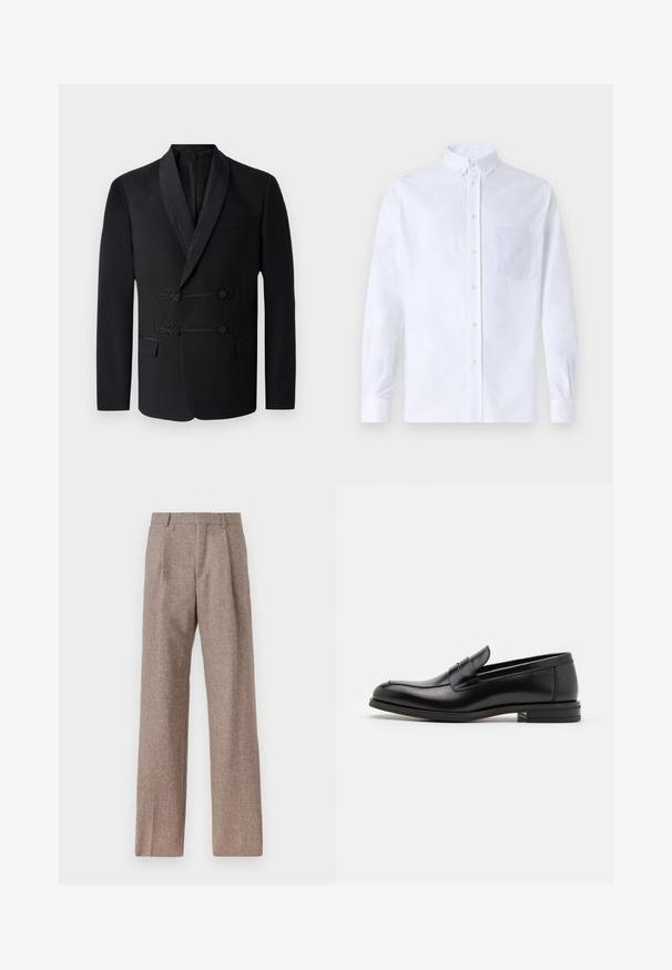 Svart kavaj med satinreb, dubbelknäppt design, blommiga knappar och en enda bröstficka. Slät textur, skräddarsydd passform.; Vit långärmad skjorta med knappar, tillverkad av bomull, med en bröstficka med ton-i-ton broderi, krage och knappmanchetter.; Bruna, högmidjade byxor i texturerat tyg. Har vida ben och två framvikningar för struktur. Välavslutad utan synlig hårdvara.; Svarta läderloafers med en slät yta, rund tå och ett dekorativt band över främre delen. Låg staplad klack, minimalistisk design.