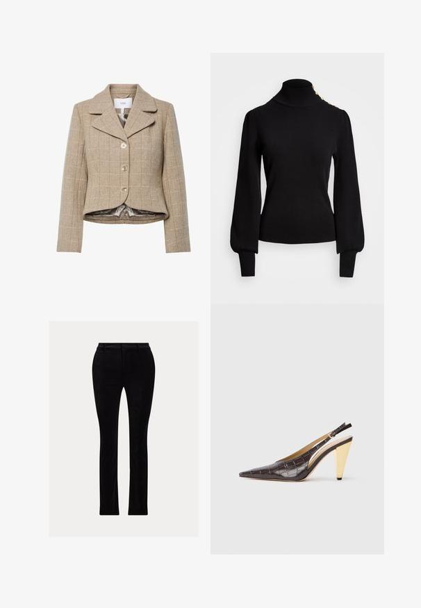 Sacou bej cu model houndstooth, cu guler cu colțuri, cinci butoane și o linie de hem înaltă-mică. Captusit cu un material neted de culoare neutră.; Pulover negru cu guler înalt, cu textură cilindrică, mâneci bufante, croială ajustată și accente cu nasturi aurii pe umăr.; Pantaloni negri dintr-un material neted, asemănător catifelei. Croi ajustat cu picior drept, având o talie tradițională și bucle pentru curea.; Pantofii cu vârf ascuțit, tip slingback, din piele sintetică lucioasă de crocodil maro închis. Include un toc geometric în nuanță de aur și o curea de gleznă ajustabilă.