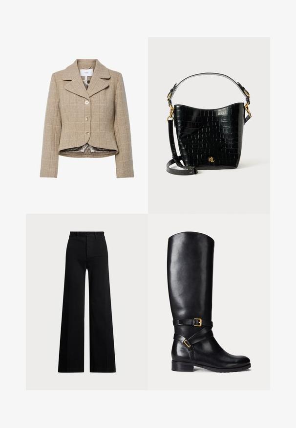 Bežový houndstooth blazer s výstrihom, piatimi gombíkmi a asymetrickým spodným okrajom. Podšitý hladkou, neutrálne sfarbenou látkou.; Čierny rolák s rebrovanou textúrou, balónovými rukávmi, priliehavým strihom a zlatými gombíkmi na pleciach.; Čierne široké nohavice vyrobené z tkaniny, so vysokým pásom, predným zapínaním na gombík a bočnými vreckami. Hladká textura s čistými líniami.; Čierne kožené čižmy po kolená s okrúhlou špičkou, nízkym blokovým podpätkom a dvojitými remienkami s akcentom zlatého spony. Hladká textúra.; Čierna kabelka z kože s embosovaným hadím vzorom, zakriveného tvaru, so zlatými kovovými doplnkami, nastaviteľným popruhom a detailom loga na prednej strane.